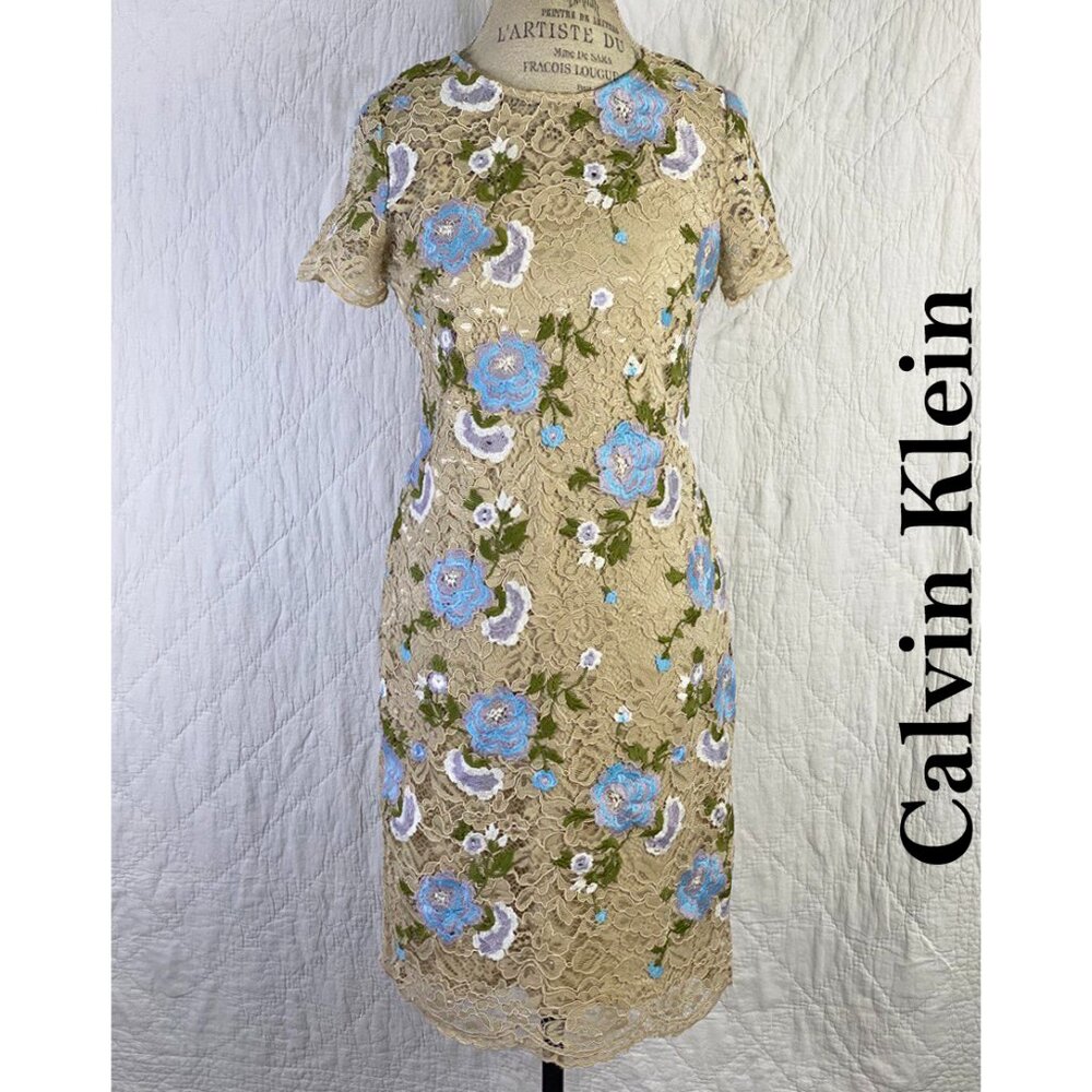Calvin Klein Cream Floral Embroidered Cocktail Dress